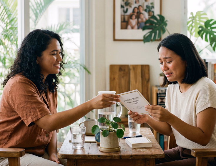 Two Filipino women sharing a printed card across a table in a bright home setting, one passing it with sincerity and the other receiving it with a moved expression, candid lifestyle photography Philippines