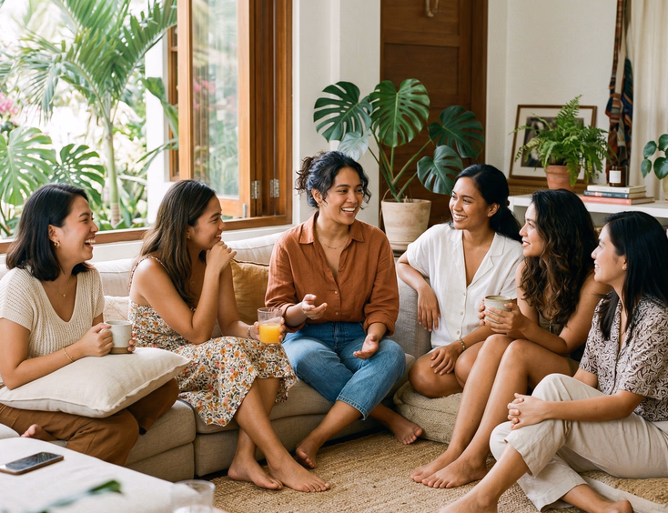 Group of six Filipino women in a bright casual living room in a loose semicircle listening as one woman speaks candidly, warm and engaged candid lifestyle editorial photography Philippines