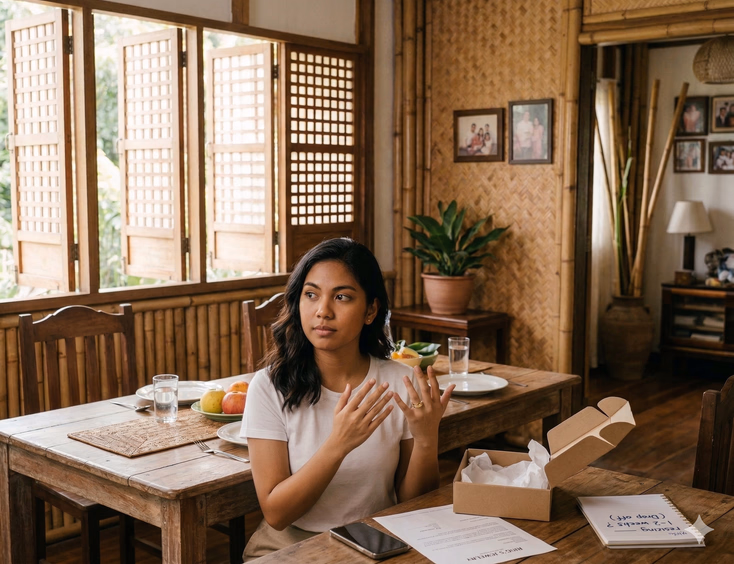 A warm multi-generational photograph taken inside a bright Filipino provincial home with bamboo accents, a wooden dining table, and afternoon light filtering through louvered windows. Three Filipino couples of different ages gather naturally around the table. In the foreground, a young Visayan couple in their late 20s hold their left hands forward, the woman's ring engraved 'Gugma.' To the left behind them, a middle-aged Ilocano couple in their 50s display a ring with 'Ay Ayaten Ka' on its interior. To the right, an elderly Kapampangan lolo gently holds his lola's worn gold band, engraved 'Kaluguran Daka.' The scene celebrates three Filipino regional languages and three generations of love gathered at one table.