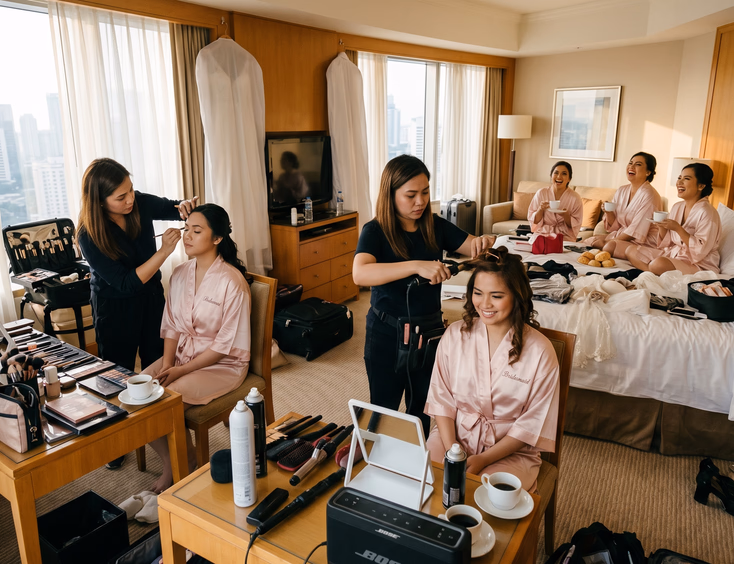 Wide shot of a bright Filipino hotel bridal suite during early morning prep with two HMUAs working on bridesmaids at separate stations while three others in blush robes eat pastries and laugh in the background