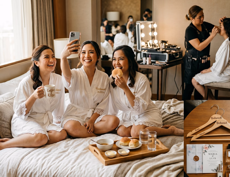 Three Filipino bridesmaids in white silk robes on a hotel bed with one drinking coffee, one taking a selfie, and one eating pandesal while an HMUA works on another bridesmaid at a vanity in the background