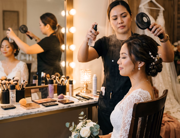 Close-up of Filipino bride with completed soft glam updo and pearl pins sitting in a styling chair while her lead HMUA applies setting spray and fans her face in front of a warmly lit vanity mirror