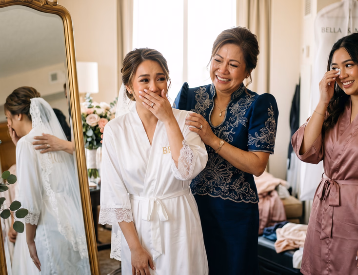 Emotional candid of a Filipino bride in a white robe seeing her finished bridal look in a full-length mirror for the first time while her teary-eyed mother and maid of honor react behind her