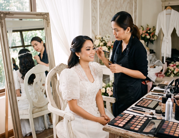 Filipino bride sitting in a bridal chair while her makeup artist applies eyeshadow in a bright prep room with organized makeup palettes and brushes on the table beside them in soft natural window light