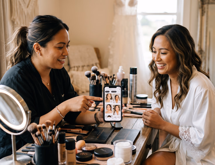 Filipino makeup artist and Filipino bride at a vanity table reviewing inspiration photos on a phone with the artist pointing at the screen and makeup tools neatly arranged between them
