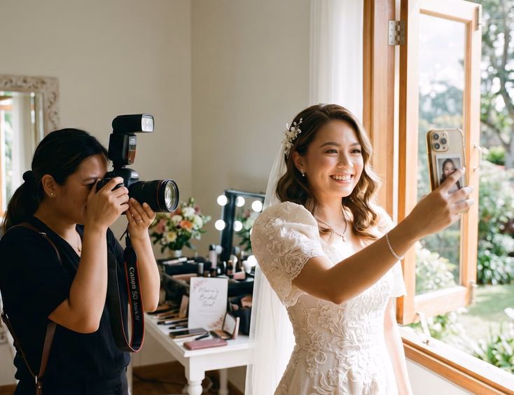 Filipino bride with finished trial makeup standing near a large open window taking a selfie with half her face in natural daylight and the other in soft indoor shadow while a second person photographs her nearby