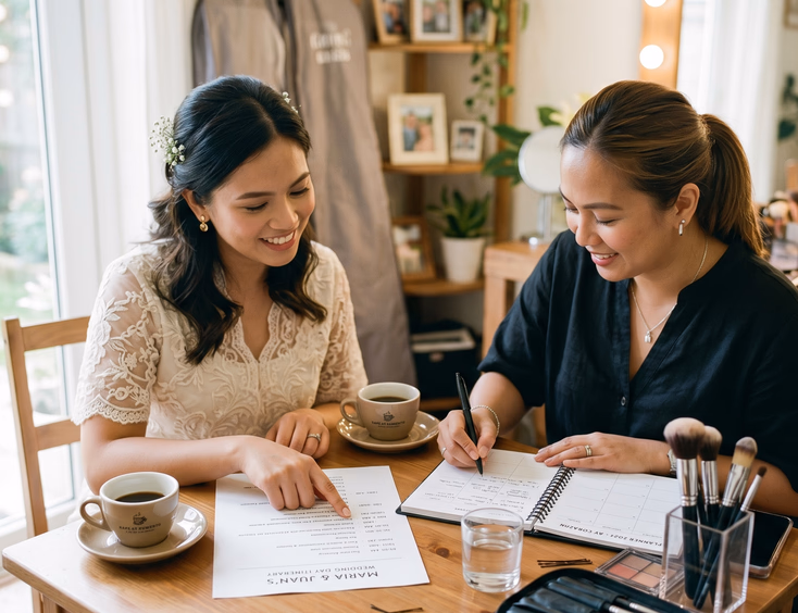 Filipino bride and her makeup artist seated at a small table reviewing a printed schedule with the artist writing in a planner while the bride points at a time slot over coffee in warm morning light