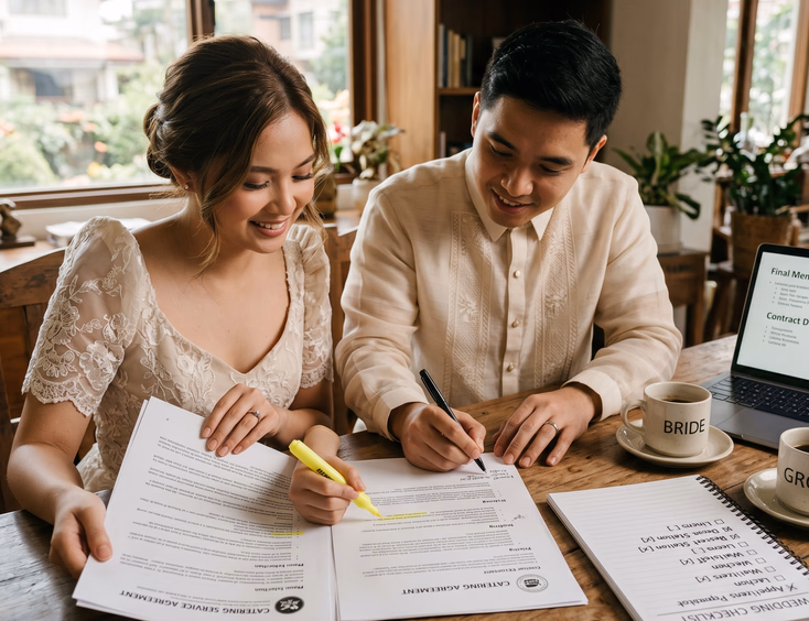Filipino bride and groom highlighting and reviewing a printed wedding catering contract at a wooden table.