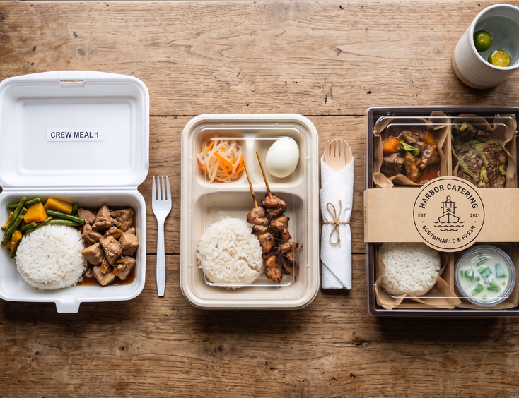 Comparison of three Filipino wedding crew meal packaging options ranging from styrofoam to premium eco-friendly bento boxes.