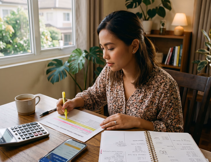 Filipino bride reviewing a highlighted catering payment schedule with a calculator and wedding planner at a desk.