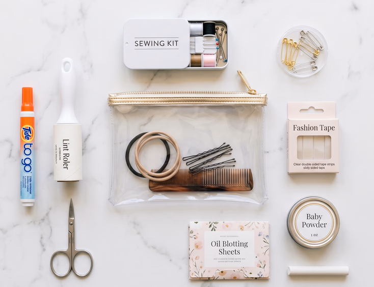 Flat lay of a bridal emergency kit on a white marble surface with a mini sewing kit, safety pins, fashion tape, stain removal pen, baby powder, blotting sheets, white chalk, small scissors, lint roller, and a clear zippered pouch under soft overhead lighting