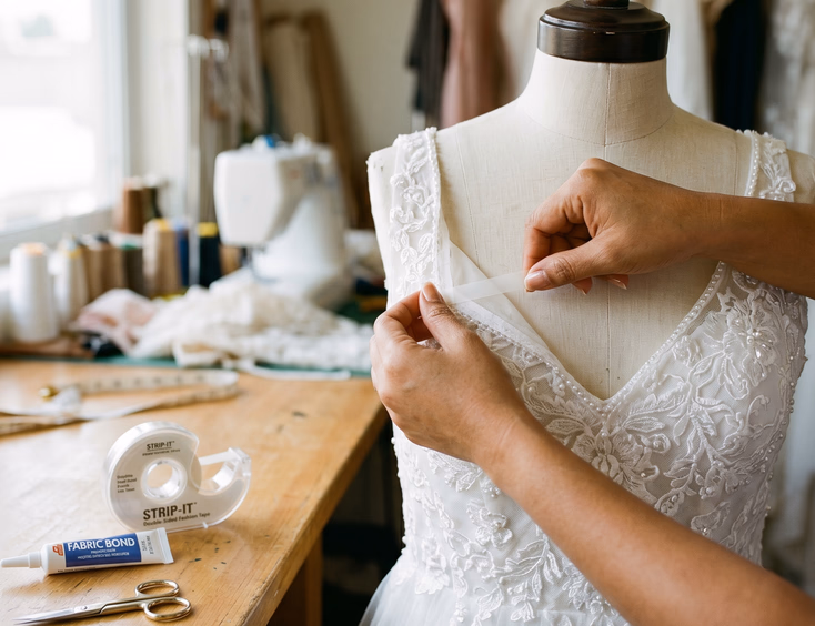 Close-up of Filipino hands applying double-sided fashion tape along the inside neckline of a white wedding gown bodice on a dress form beside a roll of fashion tape, fabric glue, and small scissors on a clean wooden table in soft natural window light