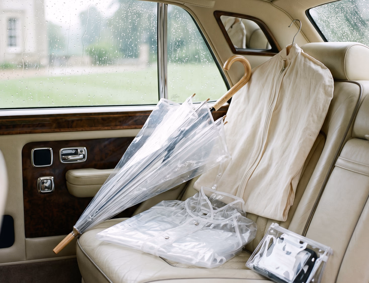 Large clear umbrella, folded transparent rain cape, and waterproof pouch arranged on the back seat of a bridal car with a breathable garment bag hanging from the grab handle and rain droplets visible on the car window in soft diffused daylight