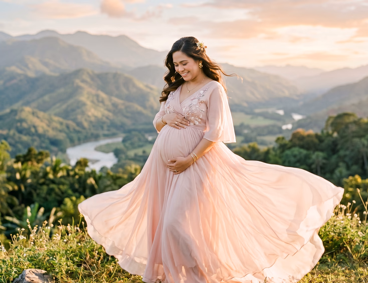 A pregnant Filipino woman in a flowing chiffon maternity gown that catches the light, gently cradling her bump with a soft elegant expression.