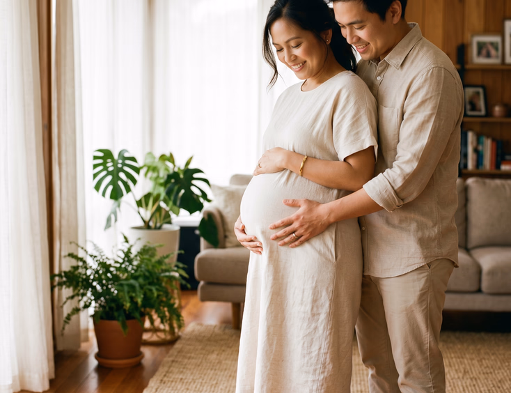 A pregnant Filipino woman and her partner, wearing coordinated neutral outfits, stand close together with her baby bump as the main focus.