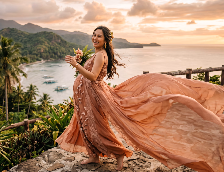 A pregnant Filipino woman in a long flowing gown with a sweeping train mid-movement, the fabric trailing as she turns in dramatic light.
