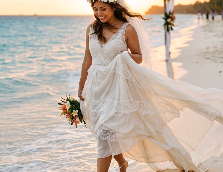 Filipino bride walking barefoot along Boracay's white sand shoreline at golden hour, lifting her chiffon gown to reveal a delicate pearl barefoot sandal