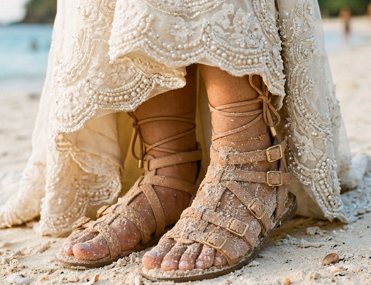 Close-up of a Filipino bride's feet in nude leather gladiator sandals on fine Palawan white sand, with ivory beaded gown hem and scattered shells under soft tropical light