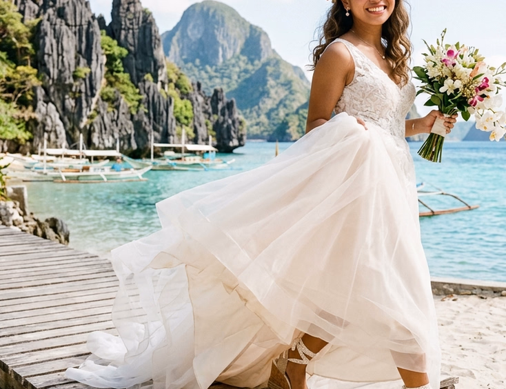 Filipino bride stepping from a boardwalk onto El Nido sand in a white cork espadrille wedge, with limestone karst cliffs and turquoise water behind her
