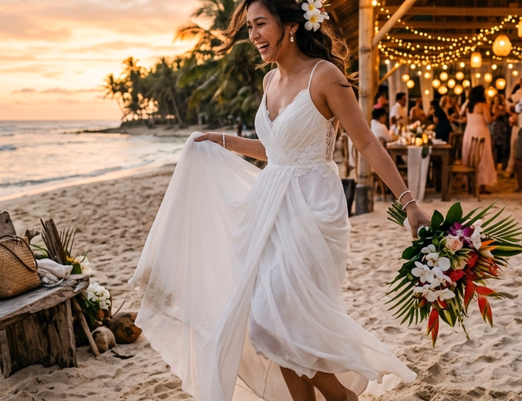 Filipino bride dancing barefoot on Siargao sand at sunset reception, holding her chiffon gown and bouquet with string lights and bamboo pavilion glowing behind her