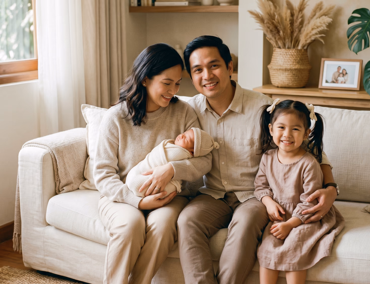 A Filipino family wearing coordinated cream and beige soft neutral outfits poses happily together with their newborn baby in a cozy home.