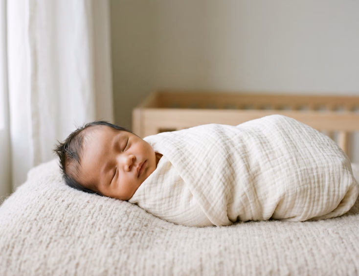 A peaceful Filipino newborn wrapped snugly in a simple soft cream swaddle rests on a neutral blanket in gentle, natural daylight.