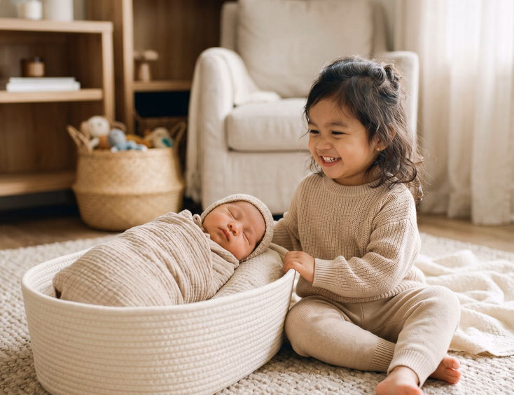 A happy Filipino toddler in a soft beige outfit sits sweetly beside their swaddled newborn sibling, both wearing coordinated neutral tones.