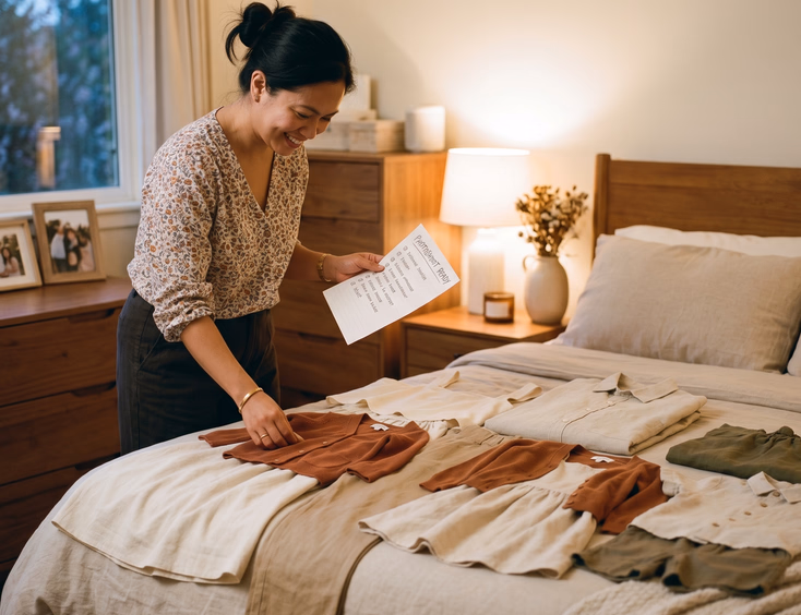 A Filipino mother organizes coordinated neutral-toned outfits on a bed the evening before a family newborn photoshoot, ensuring preparation.