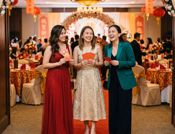 Three Filipino female wedding guests in deep red evening gown gold midi dress and emerald blazer with wide-leg trousers standing together holding red ang pao envelopes near Chinoy reception ballroom entrance