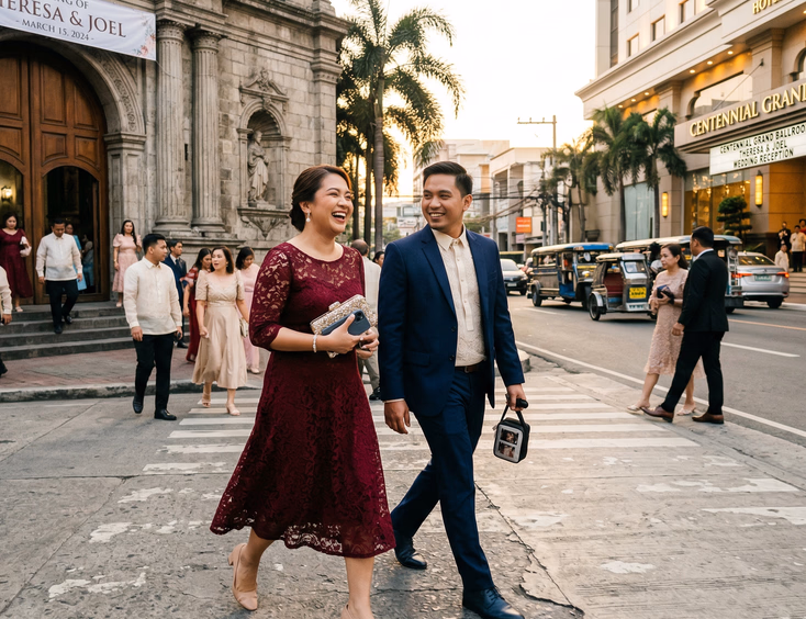 Filipino woman in deep burgundy midi dress and male companion in navy suit walking from Philippine Catholic church toward hotel ballroom building in late afternoon sunlight between wedding ceremony and Chinoy reception