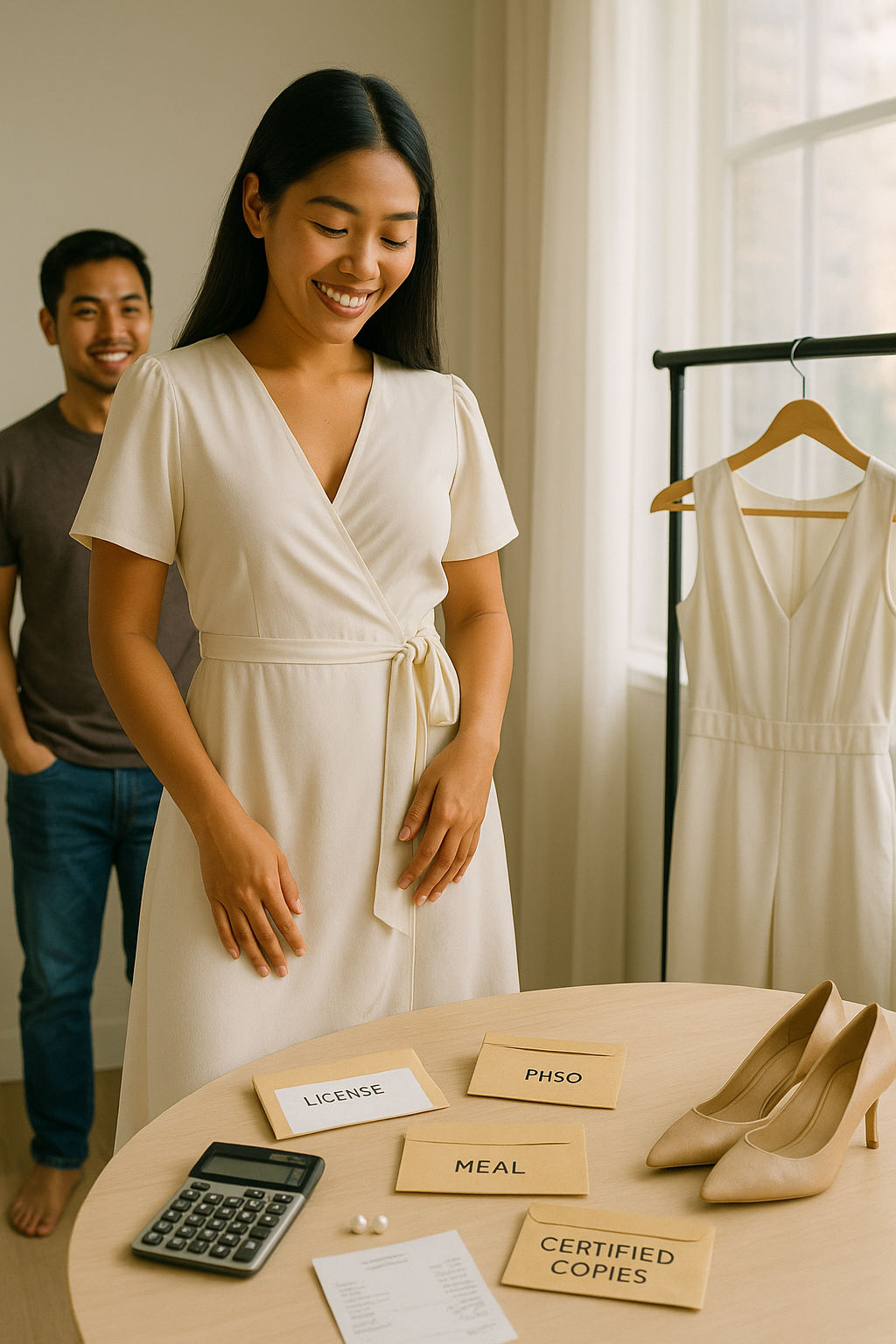 Filipina bride choosing a midi dress and jumpsuit with simple accessories