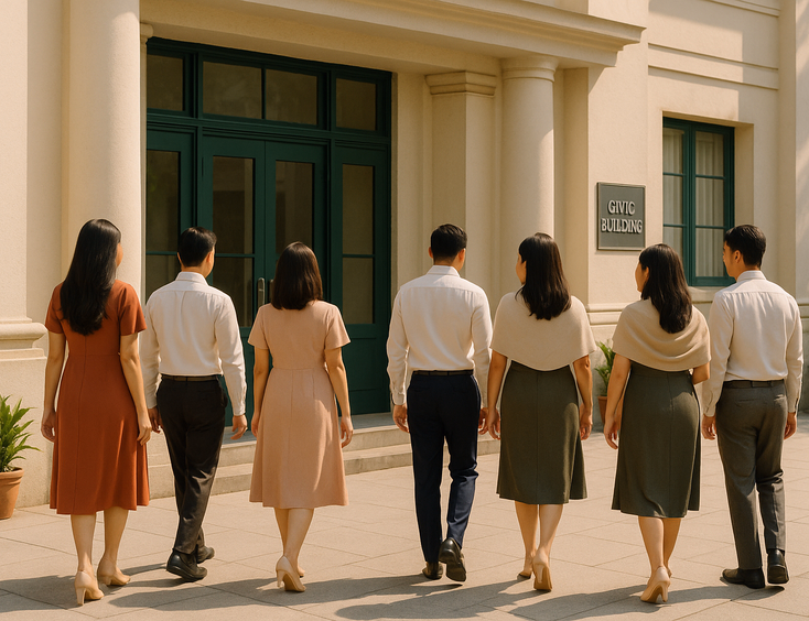 Guests in smart day formal outfits arriving for a civil wedding