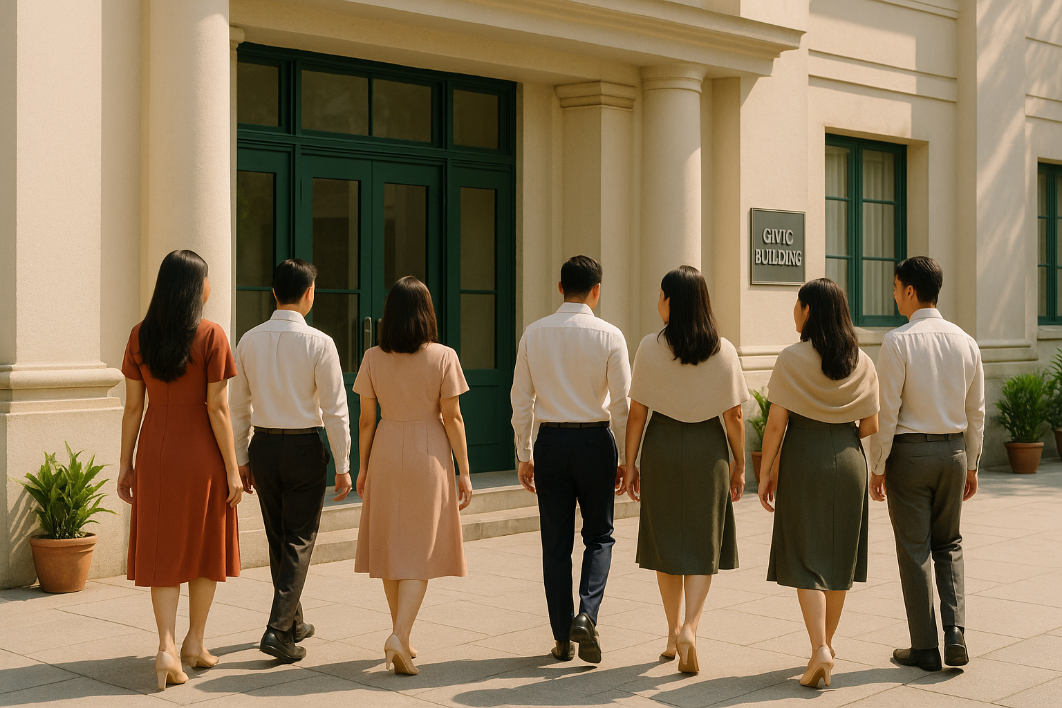 Guests in smart day formal outfits arriving for a civil wedding