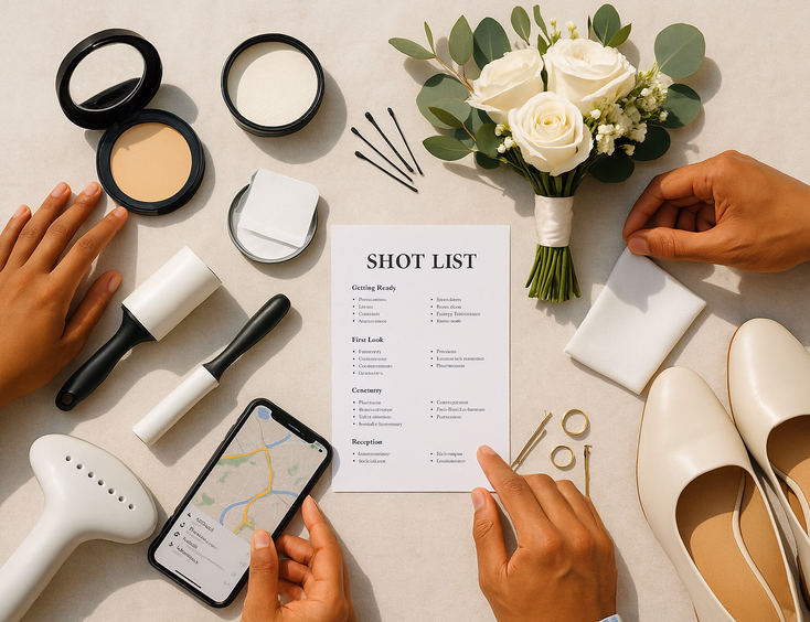 Flat lay of touch up kit and accessories prepared for wedding photos