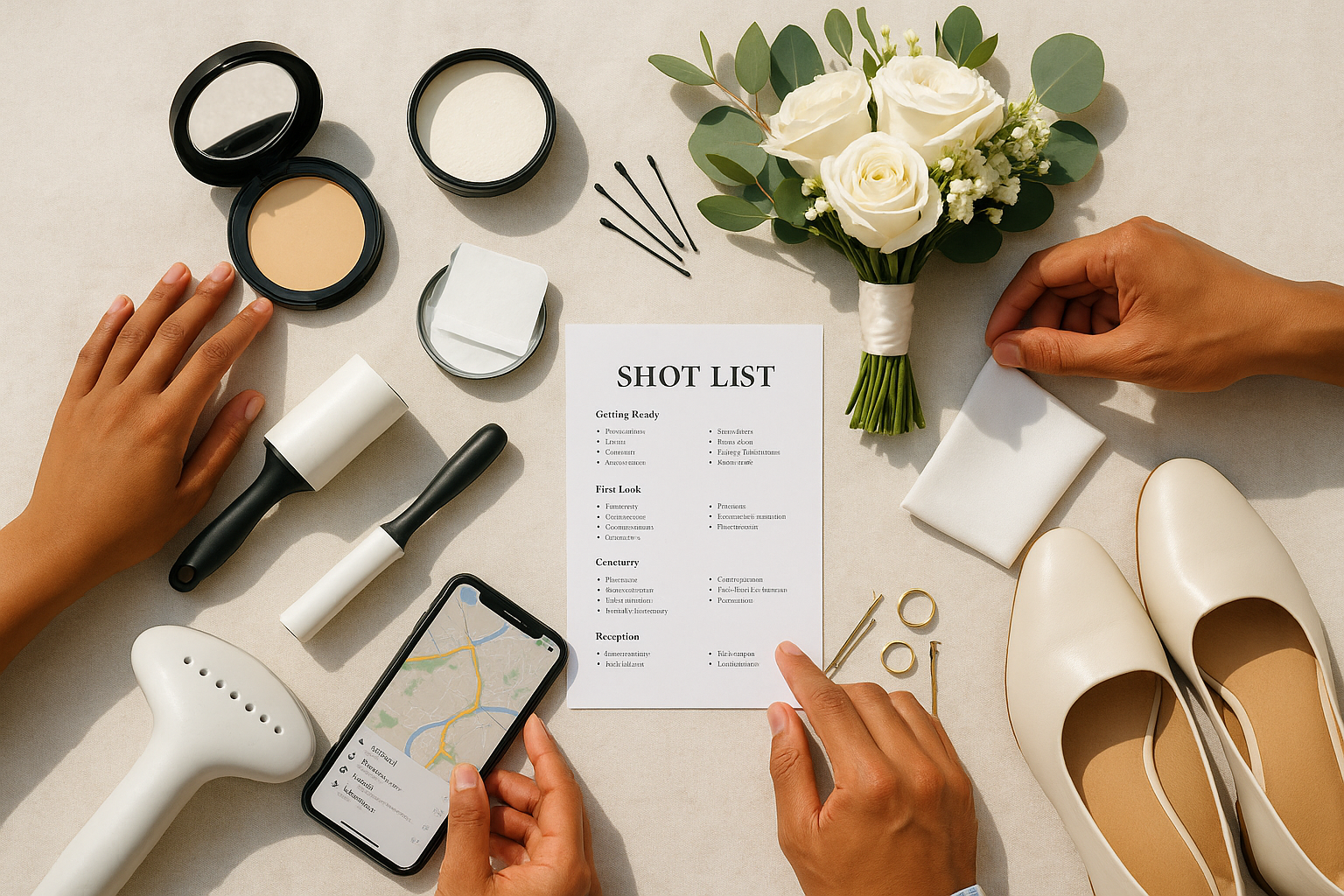 Flat lay of touch up kit and accessories prepared for wedding photos