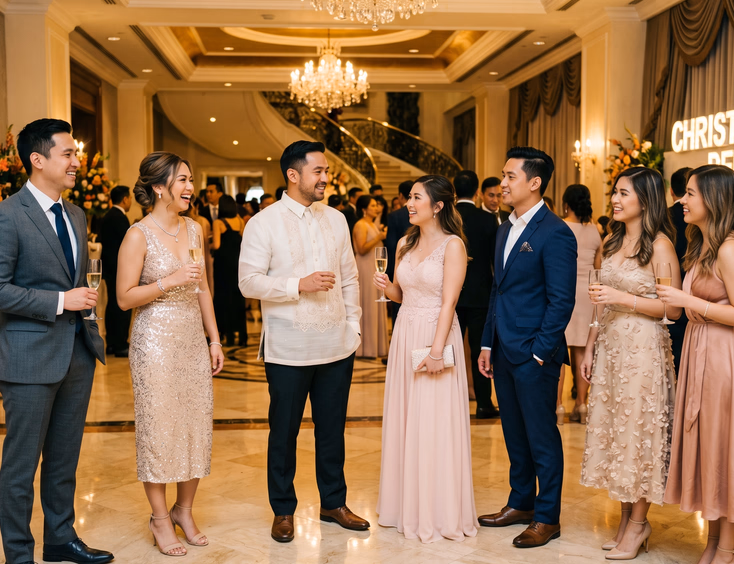 Filipino debut guests mingle in an elegant ballroom lobby wearing tailored navy suits, a piña barong tagalog, and champagne cocktail dresses.