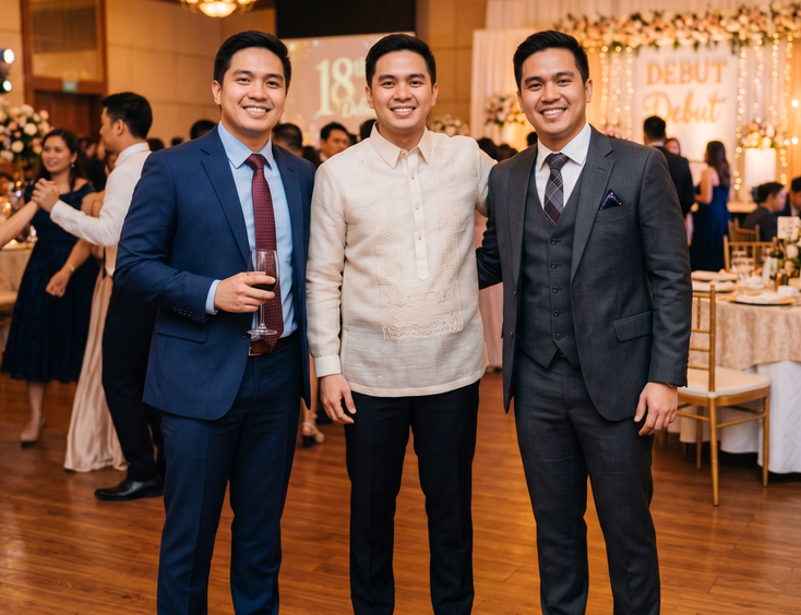 Filipino male guests at a debut reception showcasing a navy suit, a long-sleeved piña barong tagalog, and a charcoal three-piece suit.