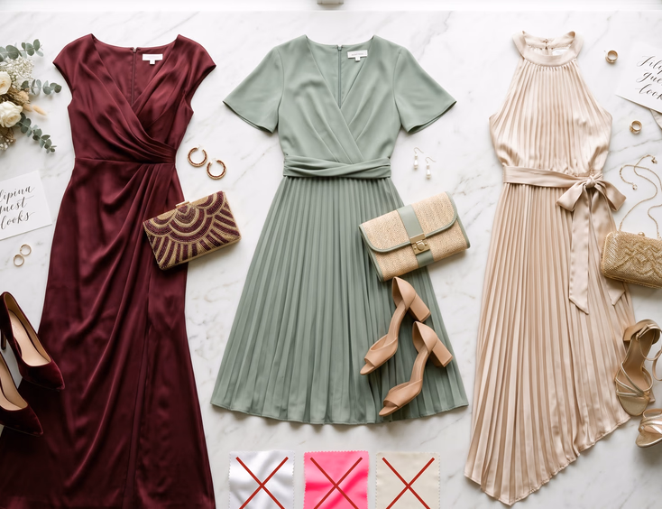 A flat lay of three coordinated Filipina debut guest outfits in champagne, sage green, and burgundy, with a swatch of crossed-out forbidden colors.
