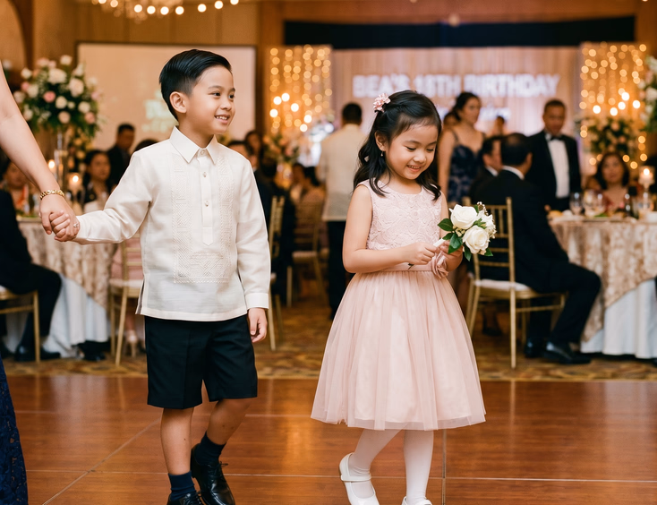 Two young Filipino children at a formal debut reception, a boy in a polo barong holding his mother’s hand, and a girl in a blush party dress.