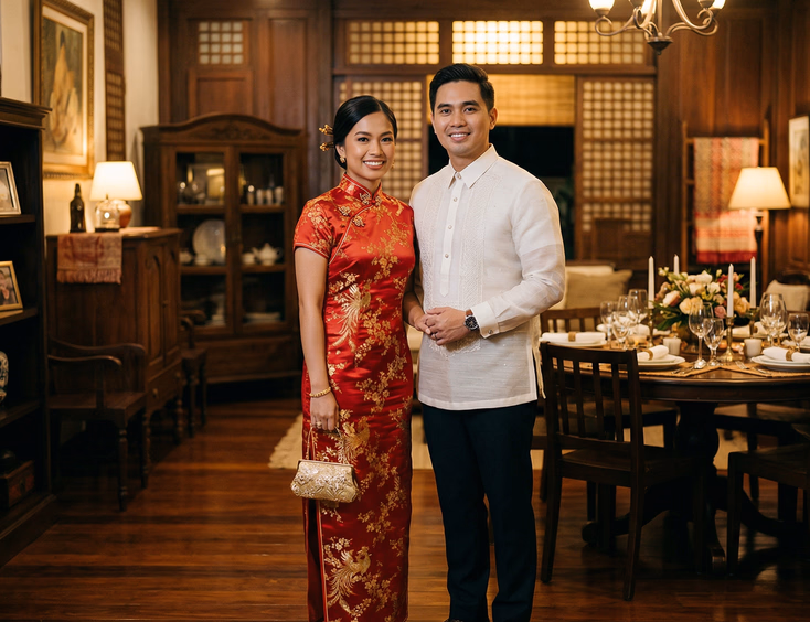 Filipino couple in traditional formal attire standing together in a warmly lit Filipino home sala, woman in red cheongsam with gold embroidery and man in white barong tagalog