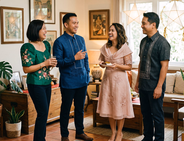 Group of four Filipino adults in semi-formal festive attire in deep blue, emerald green, and blush pink standing in a bright Filipino home living room