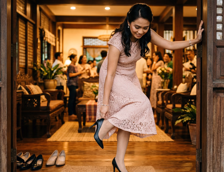 Filipino woman in formal blush midi dress removing her heels at the entrance of a traditional Filipino home with warmly lit sala and guests visible in the background