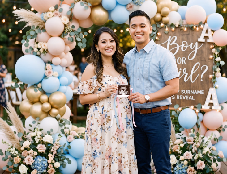 A well-dressed Filipino couple poses happily before a styled gender reveal backdrop, the expectant mother in a flattering maternity dress.