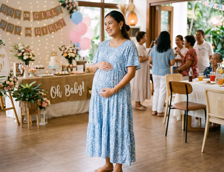 A relaxed pregnant Filipino woman wears a comfortable maternity dress and flat shoes at a gender reveal in soft natural light.