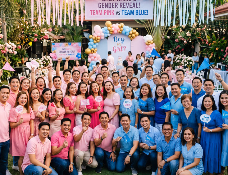 Filipino gender reveal guests divide into teams wearing pink and blue outfits as they smile together for a large group photo.