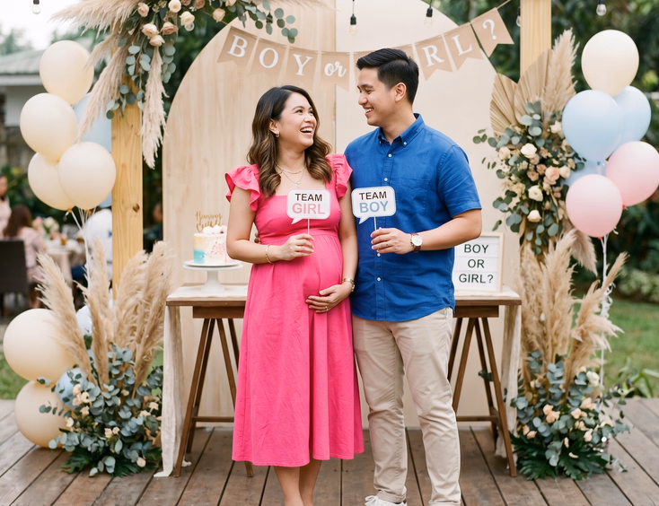 A photogenic Filipino couple stands against a neutral backdrop at their gender reveal, wearing solid colors that provide clean contrast.