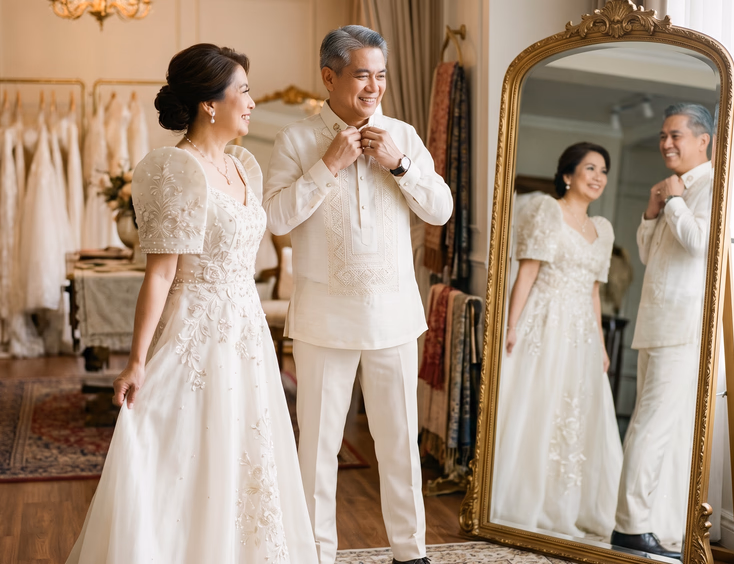 Filipino couple in their fifties wearing a modern Filipiniana dress and piña barong tagalog in a bridal boutique.