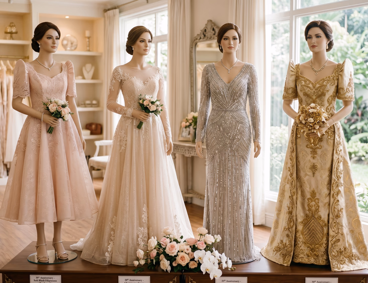 Four Filipiniana vow renewal gowns on display in a bridal studio for anniversary milestones.