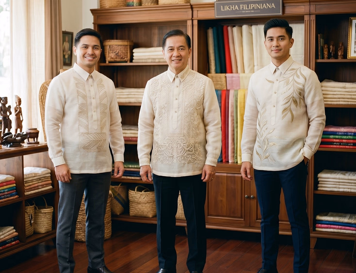 Three different styles of barong tagalog for men displayed in a Filipino clothing shop.
