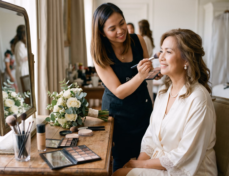 Mature Filipina bride getting natural makeup applied at a vanity for her vow renewal.